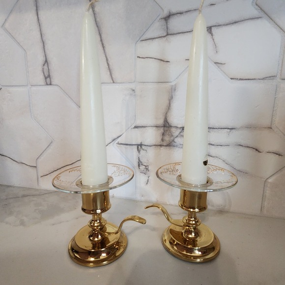 Other - Set 2 Vintage Partylite Candlestick Holders With Gold Decal Glass Drip Catchers